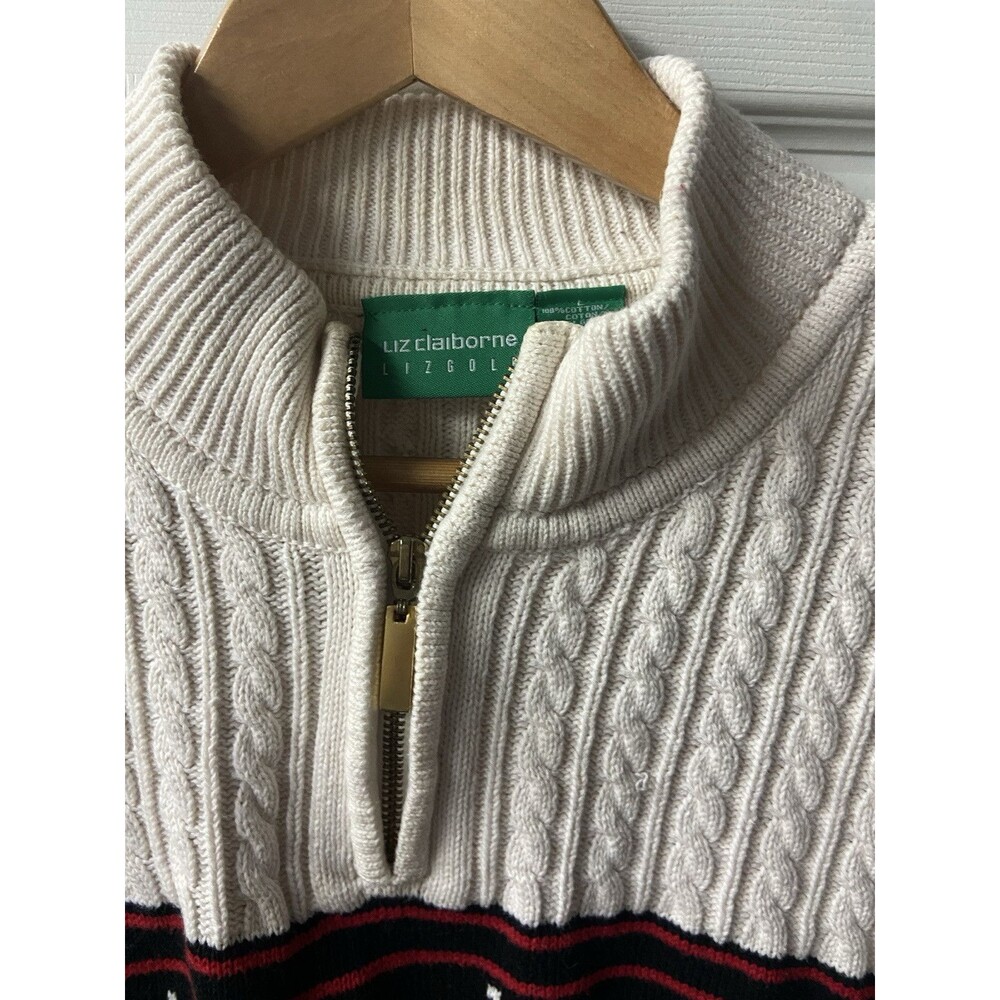 Vintage Liz Claiborne Sweater Womens Large Golf Cotton Cable Knit 1/4 Zip - Picture 7 of 11